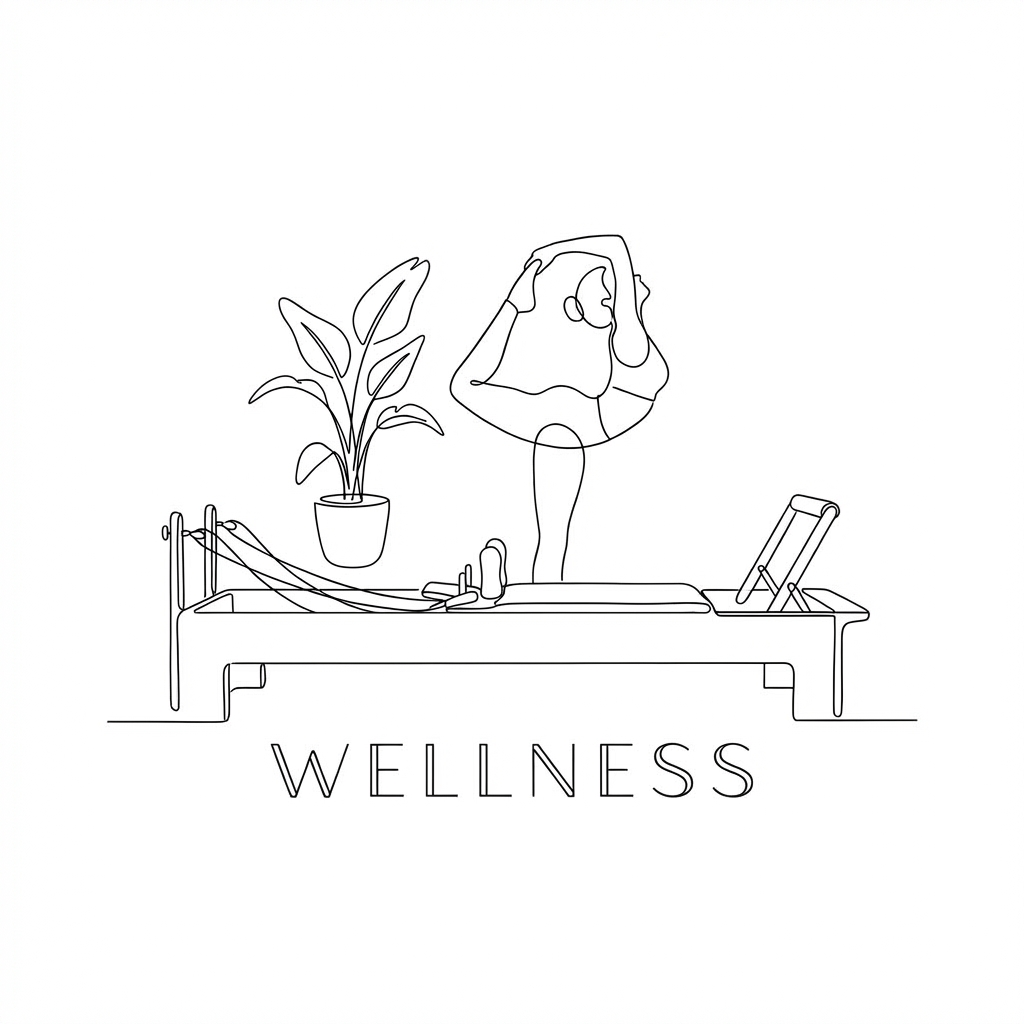 Line art of a person on a pilates reformer machine with text 'WELLNESS'.