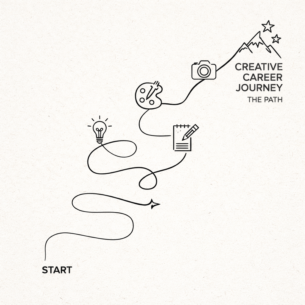 Intricate line drawing of a winding path with icons representing creativity and career milestones ending at a mountain labeled 'Creative Career Journey The Path'