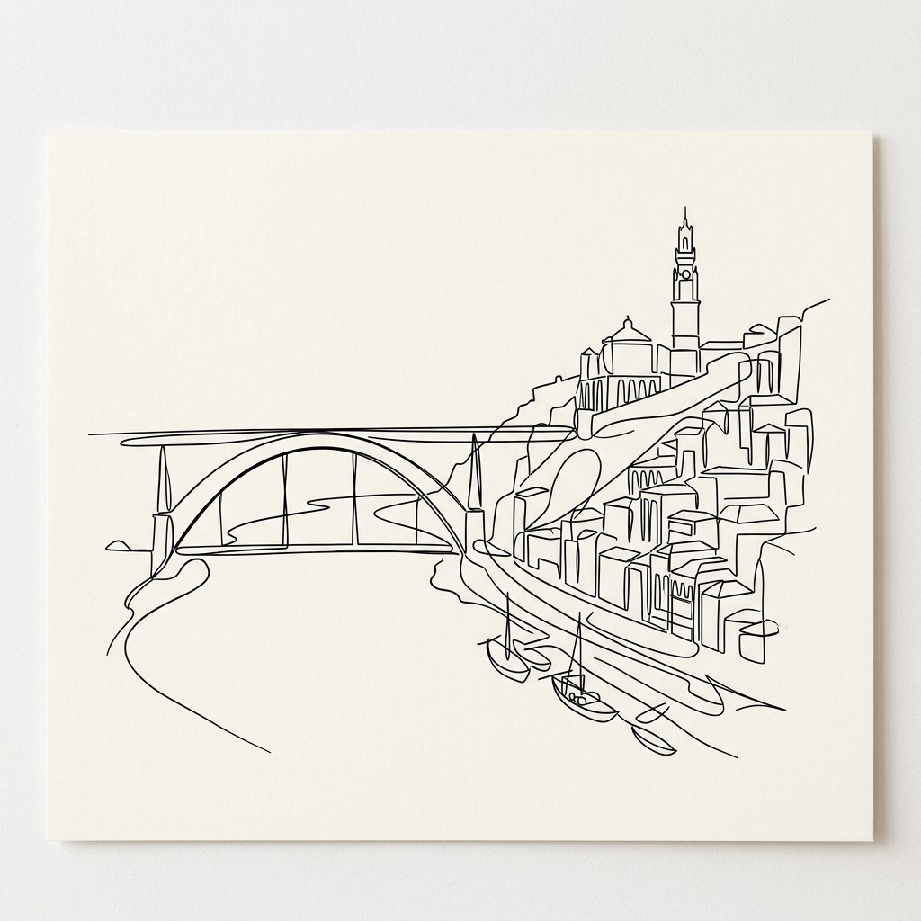 One-line minimalist drawing showing a riverside city with an arched bridge, buildings along the shore, boats on the water, and a tower in the background