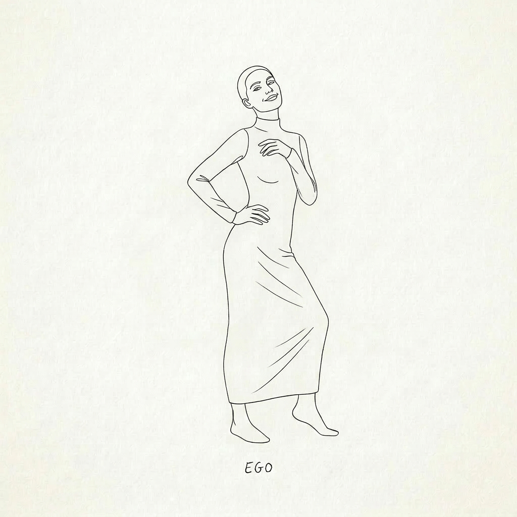 Line drawing of a person standing confidently with one hand on hip and one on chest, labeled EGO