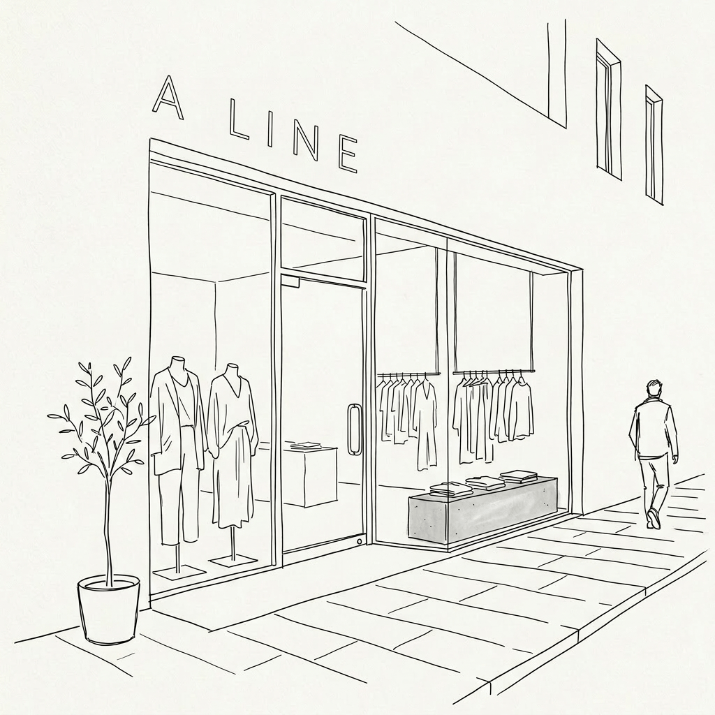Minimalist clothing store exterior with mannequins wearing outfits and clothing racks visible through glass windows