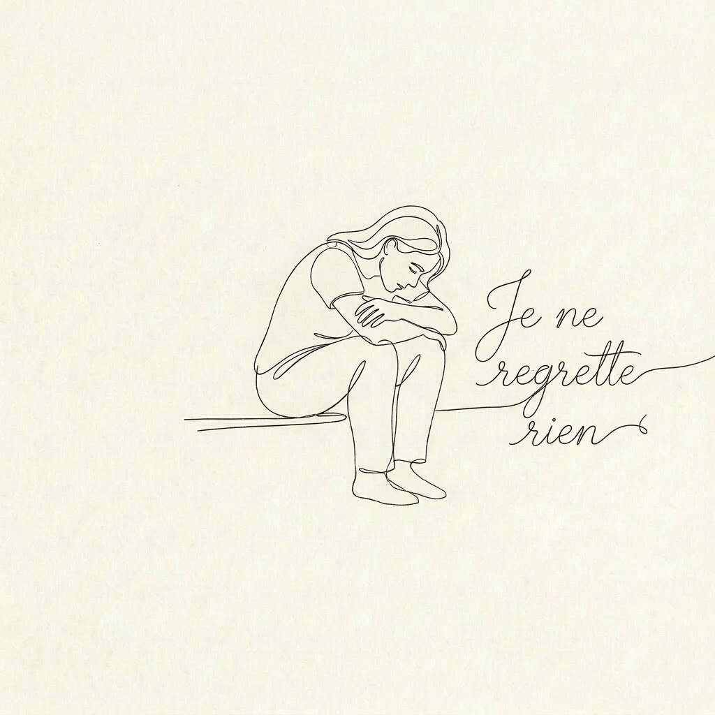 Line drawing of person sitting with head resting on crossed arms and knees drawn up