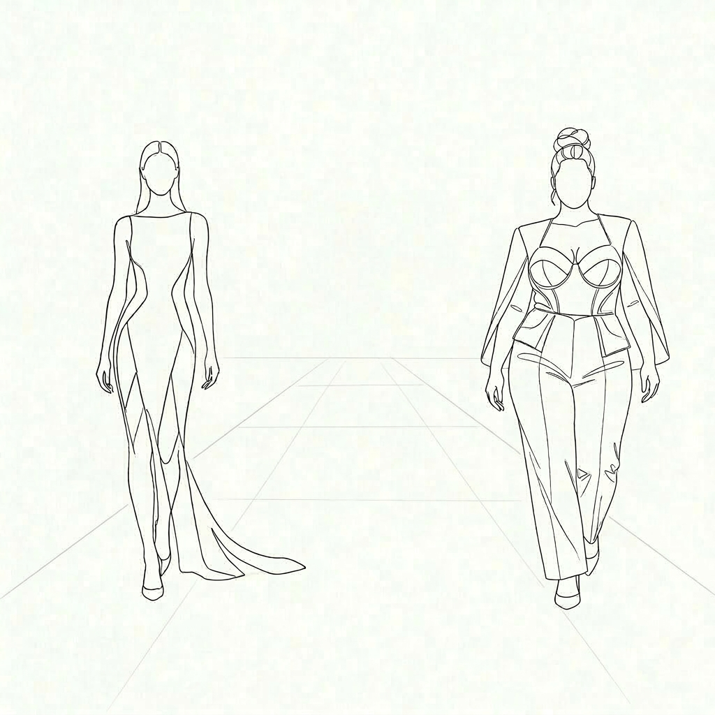 Line drawings of a woman in coat and hat, a dress on a hanger, and a man in a suit with tailoring icons