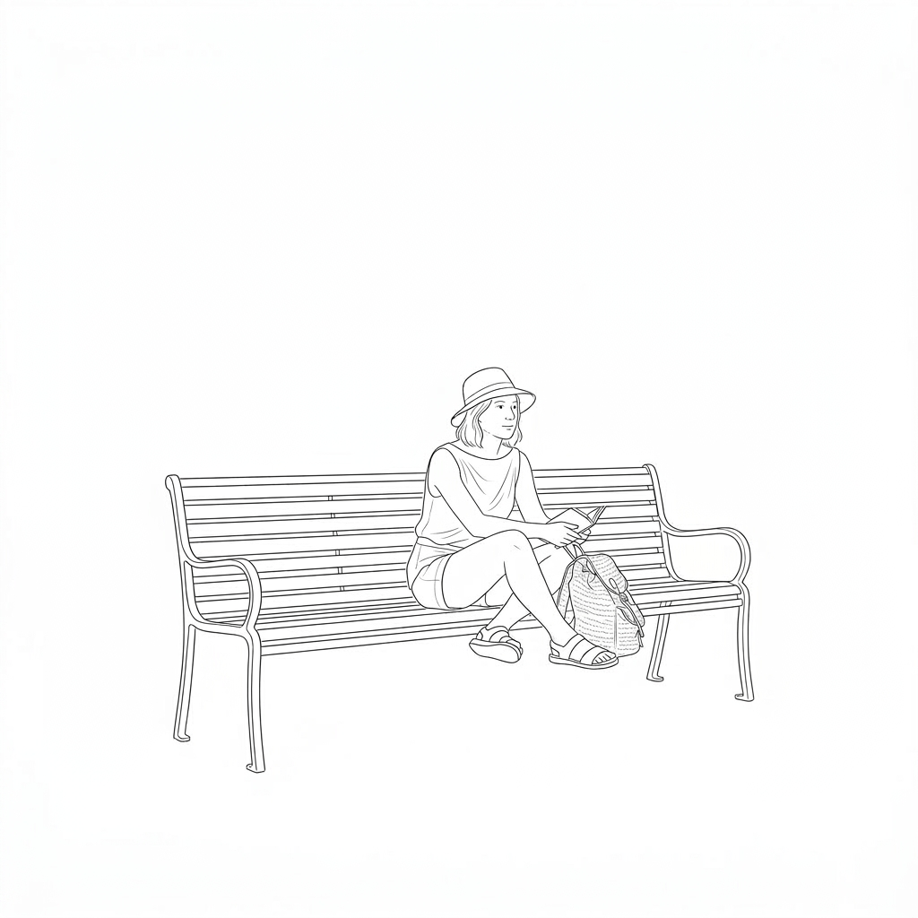 Woman sitting on stone steps in misty forest wearing a coat and knit hat with a backpack