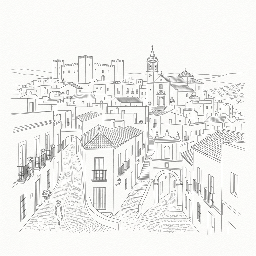 Line drawing of a woman walking through a hilltop town